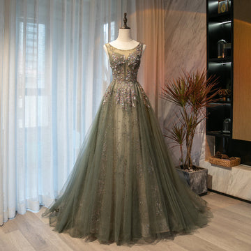 A Line Round Neck Sequins Tulle Long Prom Dress Evening Dress HZ1023